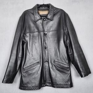 Walden Leather Jacket Mens Medium Black Button Front Car Coat Pockets Lined